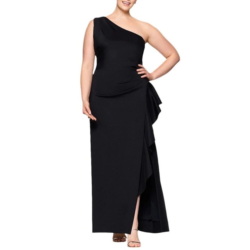 Xscape Black One-Shoulder Draped Evening Gown Size 20W Elegant Formal Dress